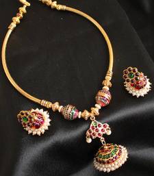 Buy GORGEOUS UNIQUE DESIGN JHUMKKA PENDANT TEMPLE JEWLE SET necklace-set online 