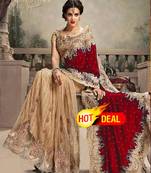 Buy Cream and Maroon embroidered net+velvet saree with blouse cream-and-maroon-embroidered-netvelvet-saree-with-blouse-party-wear-saree online