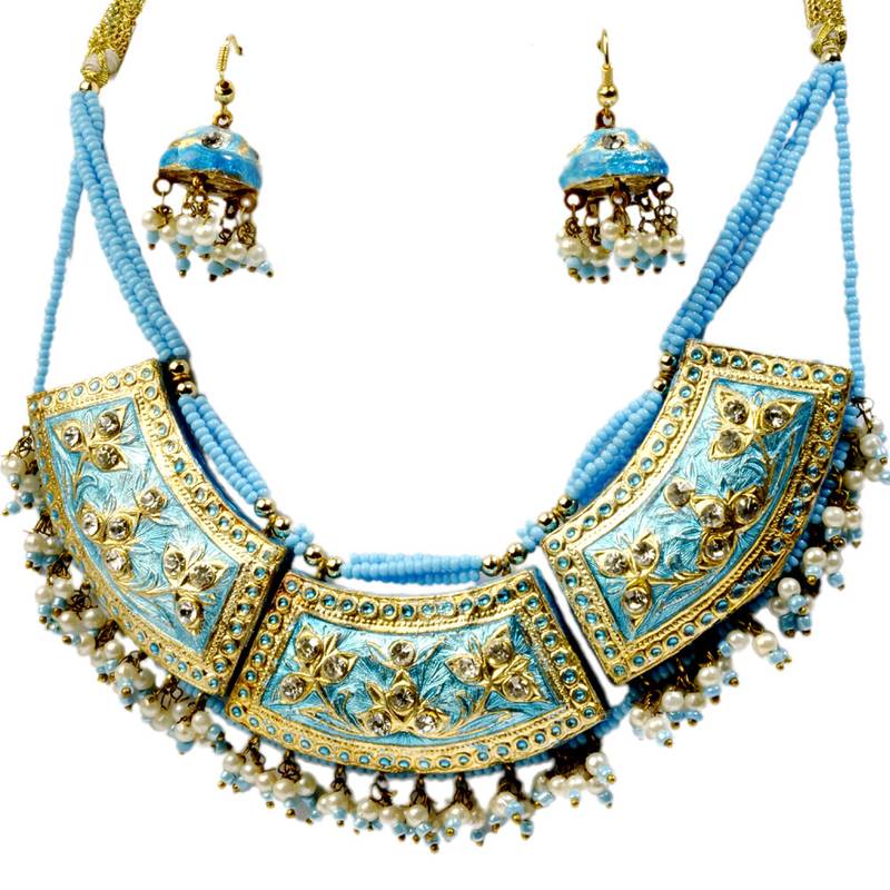 Buy Royal Designer Blue Lacquer Necklace Jewellery Set Online