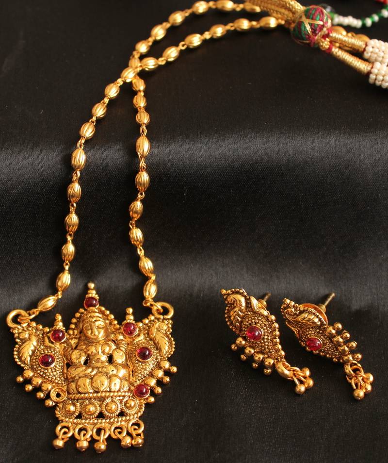 Buy Divine antique traditional lakshmi pendant long chain set Online