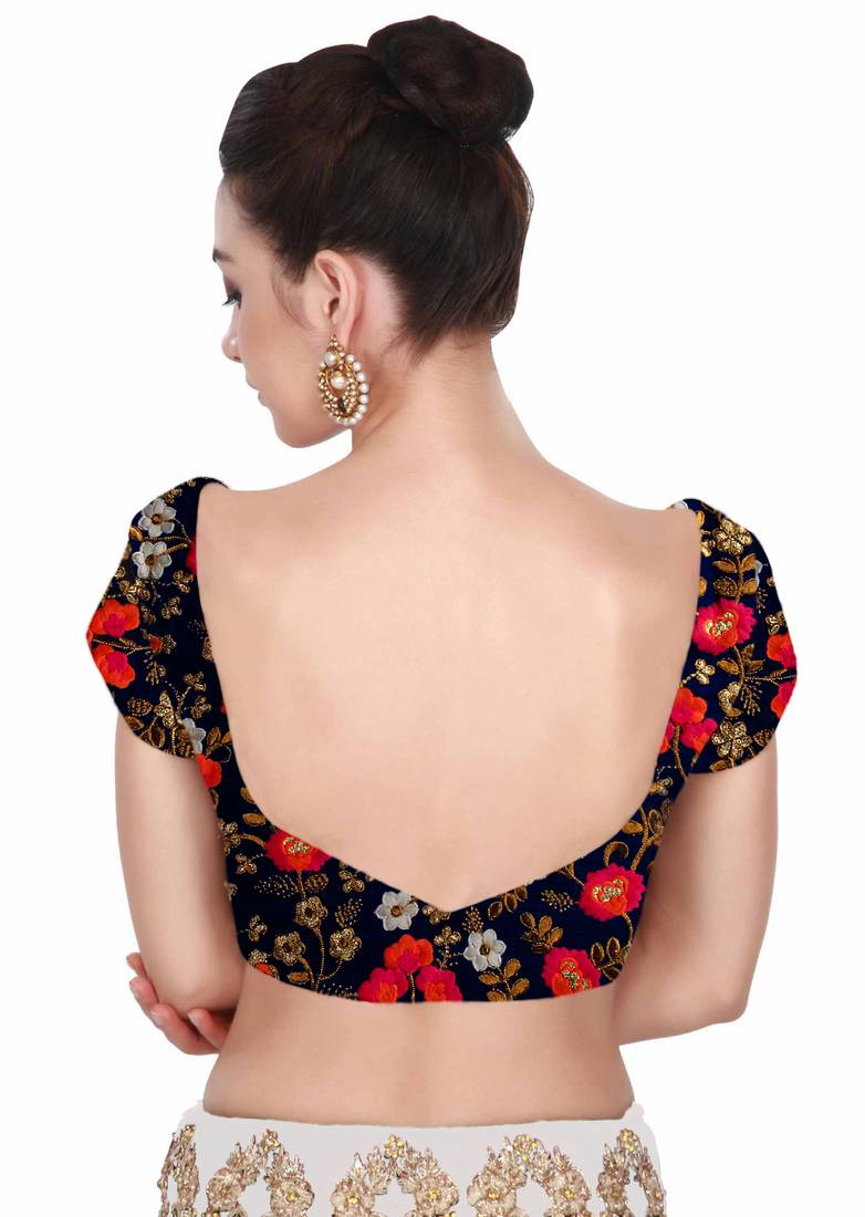 Buy Navy blue raw silk embroidered unstitched blouse fabric Online