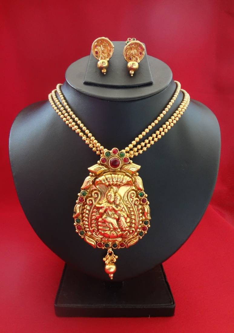 Buy Radha Krishna Pendant Necklace in Golden Beads with Jhumka's Online