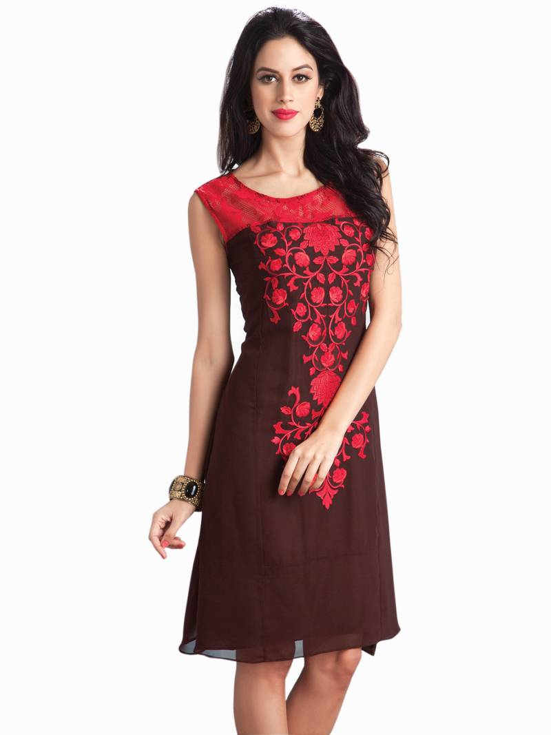 Buy Brown Color Pure Casual Wear Embroidered Kurti Online